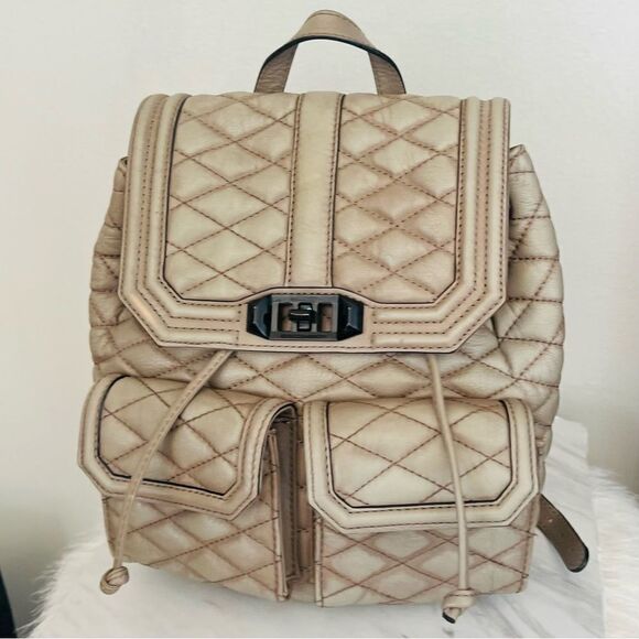REBECCA MINKOFF QUILTED LOVE LEATHER BACKPACK PURSE,‎ Tan/Gray, Luxury main image 2